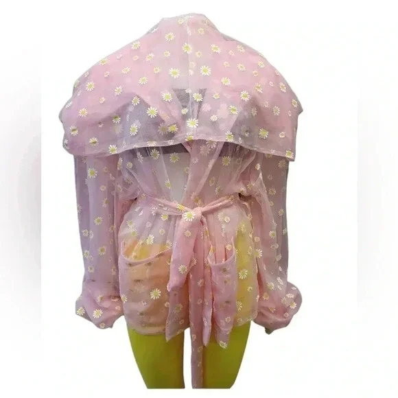 House Of Aris Sheer Pink Daisy Festival Cardigan Over Sized Hood Size  Medium - Picture 5 of 11
